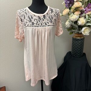 Spadehill Blush Pink Lace Yoke Top XL – Romantic Short Sleeve Blouse